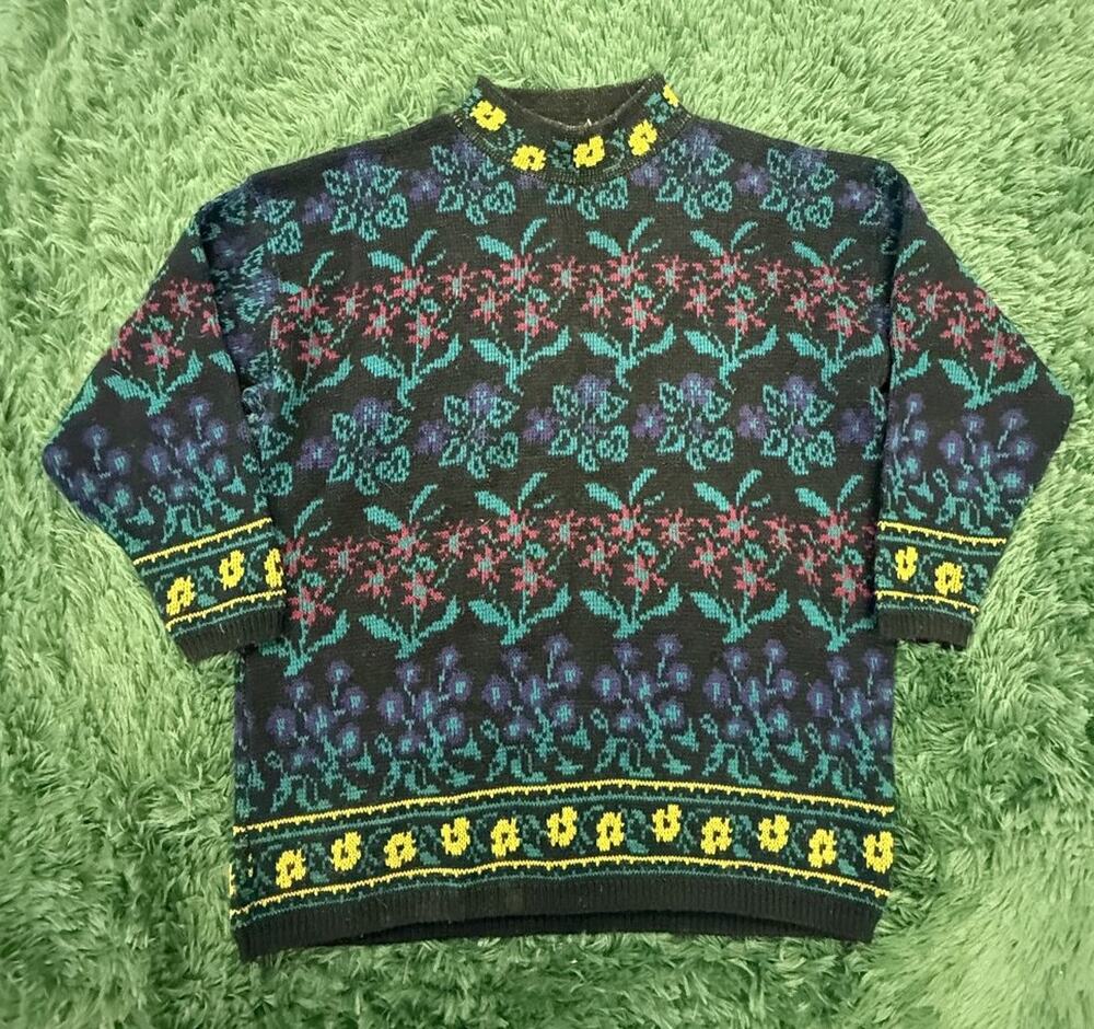Vintage Floral Mock Neck Medium Sweater Women's Knit Pullover Dark Multicolor